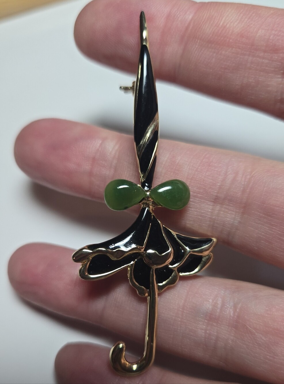BC Jade Umbrella Gold-Tone Black Enamel Brooch